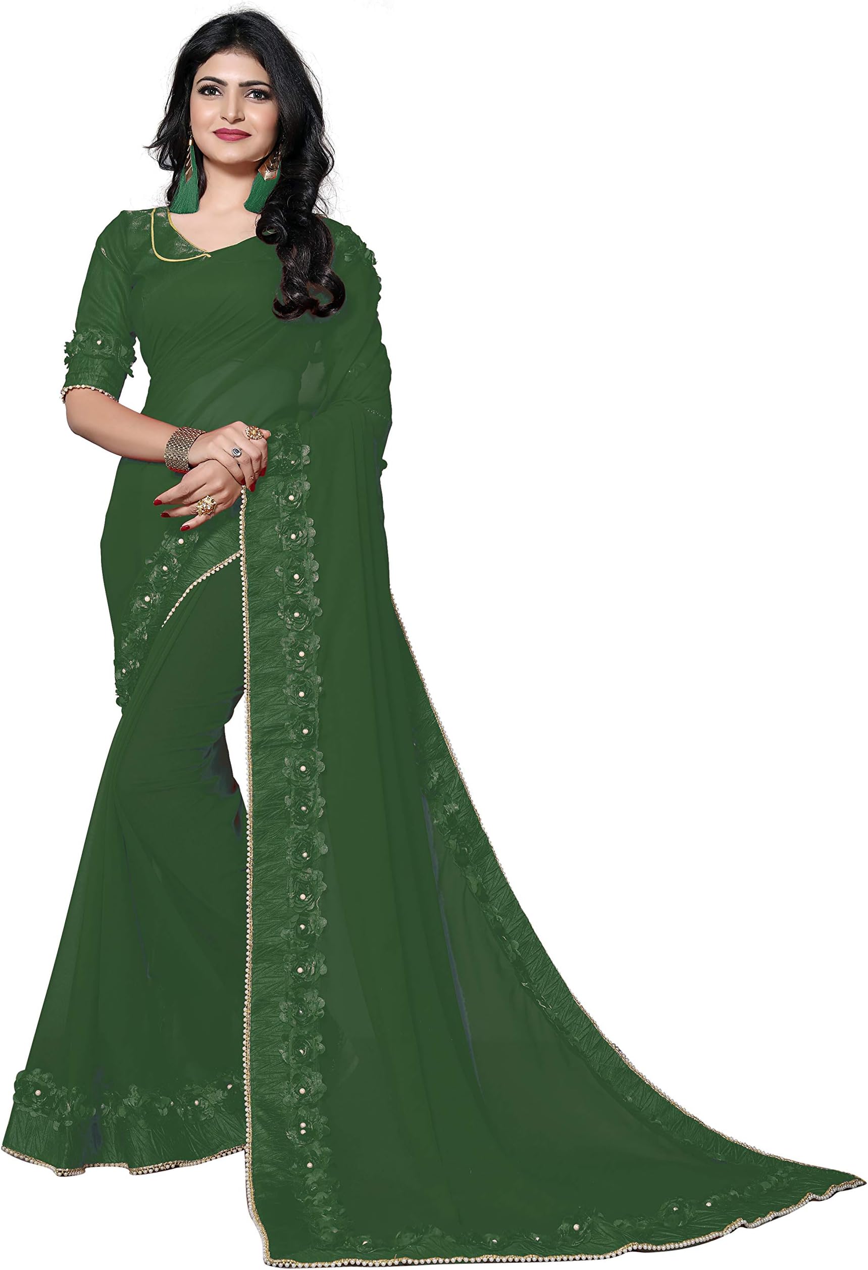 Fab Dadu Women's Georgette Ribbin Gotta Patti Embroidered Saree With Blouse Piece (Gotta_Patti-Free Size)