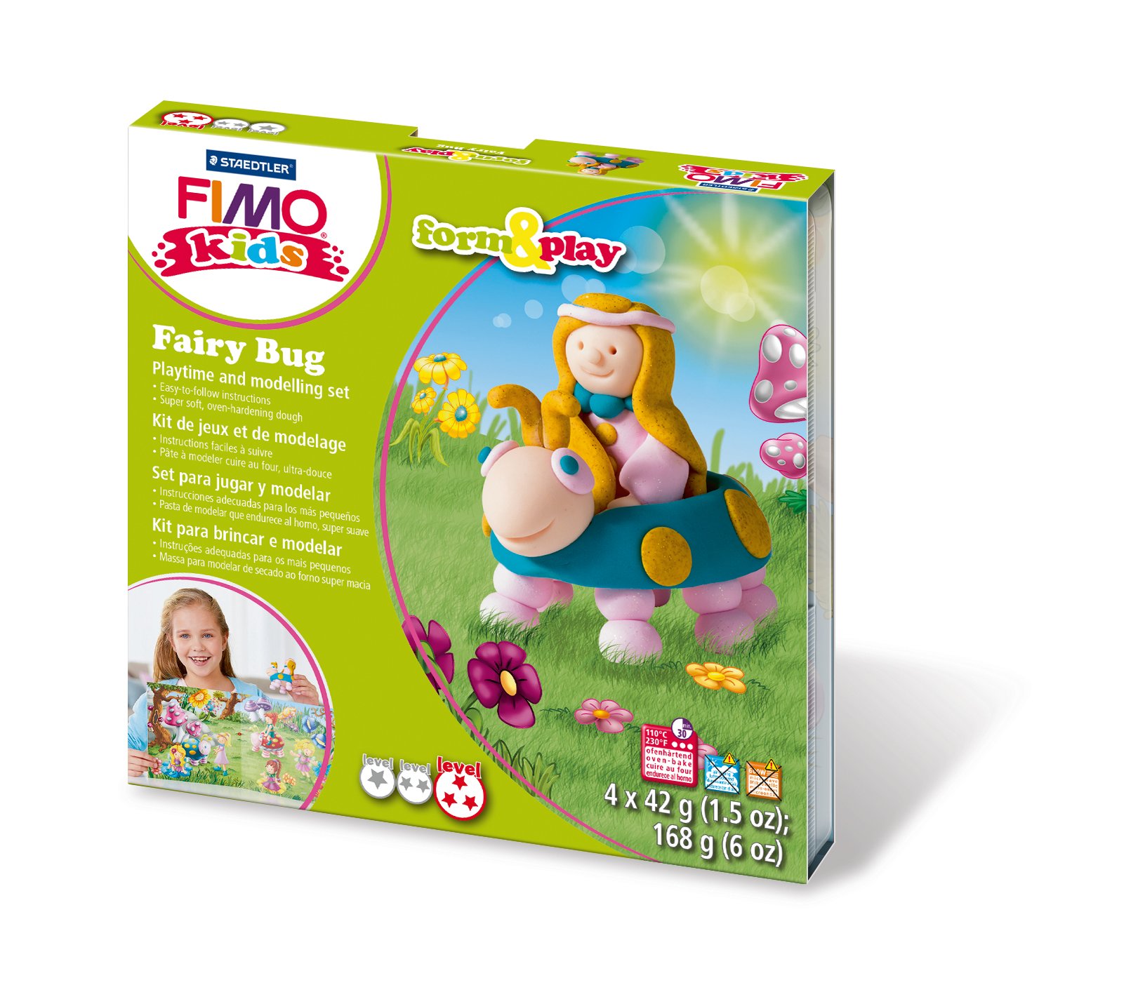 Staedtler 8034 21 LYST Fairy Bug Fimo Kids Form&Play Set (Super Soft, Oven-Hardening Dough, Easy Instructions, Resealable Box, Set of 4 Blocks, 1 Modelling Stick and 1 Play Background) โ image 1