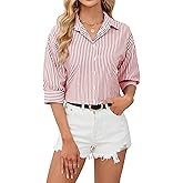 siliteelon Button Down Shirts for Women Striped Dress Shirts 3/4 Sleeve Wrinkle Free Casual Collared Blouse Office Work Shirt