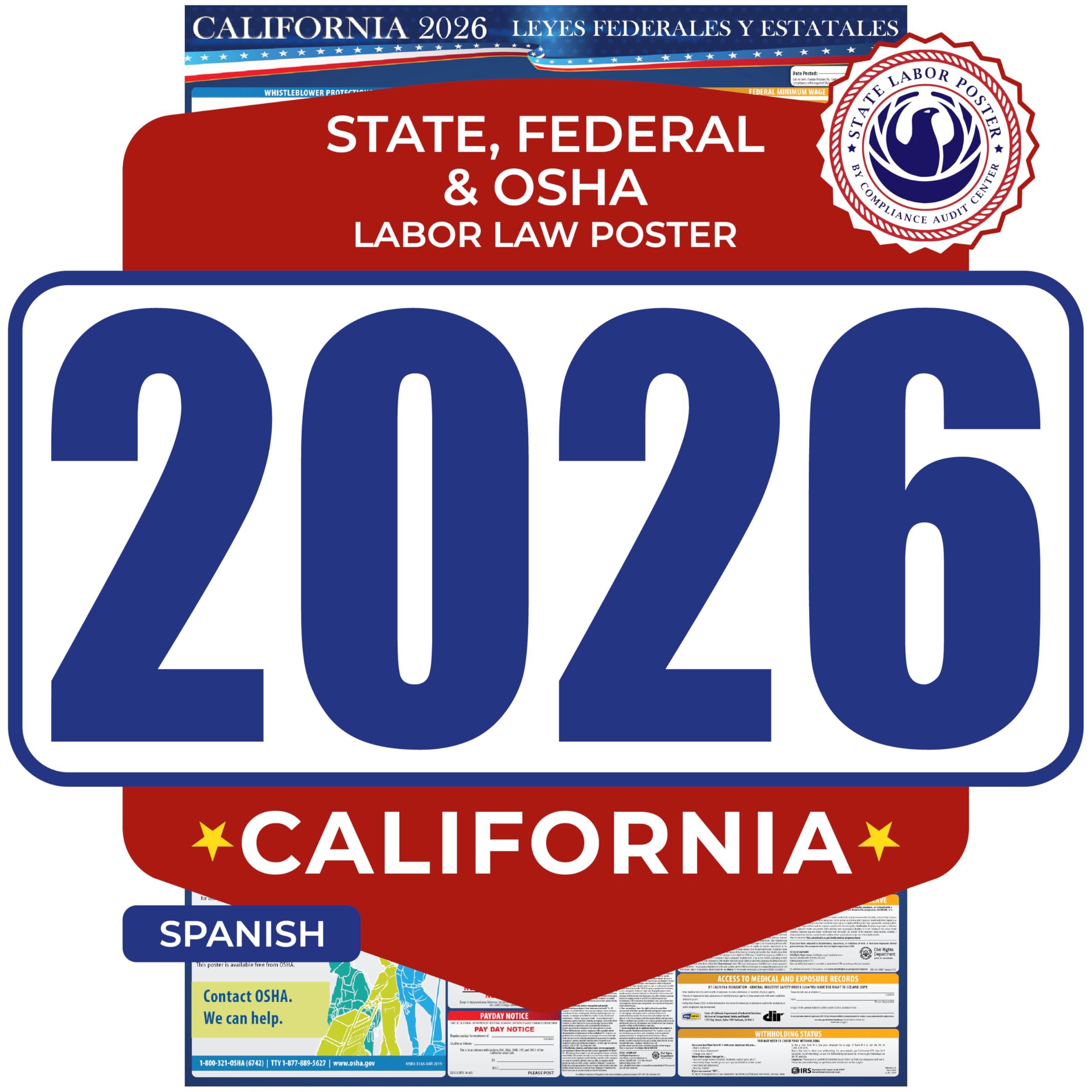COMPLIANCE AUDIT CENTER 2023 California State And Federal Labor Laws Posters English & Spanish - OSHA Workplace Compliant 24" x 36" - All In One Required Posting - Laminated (Spanish)