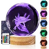 3D Axolotl Crystal Ball Night Light with LED Wooden Base Upgraded 3.15 Inch Glass Ball Lamps with 16 Color and Remote for Birthday Christmas, Cool Axolotl Toy Decor Gifts for Boys Girls Kids