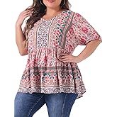 Agnes Orinda Plus Size Boho Tops for Women Floral Print V Neck Short Sleeve Summer Shirts Peplum Loose Blouses