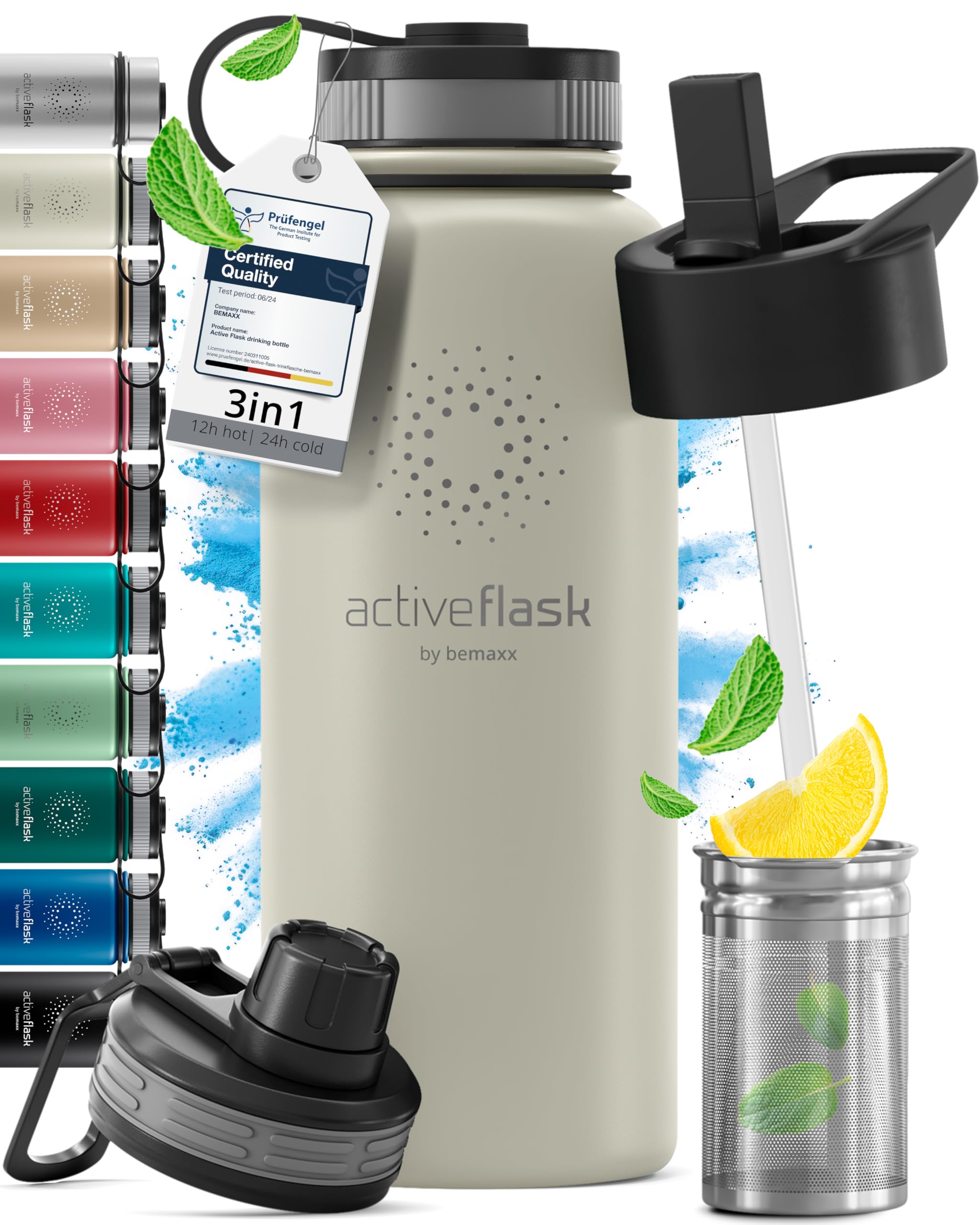 Stainless Steel Water Bottle with Straw & 3 Lids: 1 & 0,5L Leak-Proof BPA-Free Vacuum Insulated ACTIVE FLASK Drinking Bottles Hot Cold: Double Walled Outdoor Drink Thermo Mug Tea Coffee Sport Gym Bike