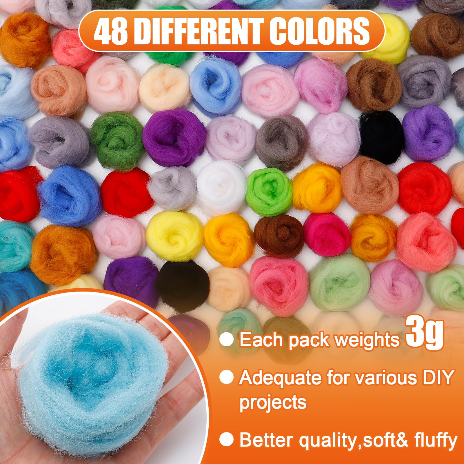 96pcs 10.4 oz Needle Felting Wool - 48 Colors Nature Wool Roving Yarn for Beginners Hand Spinning Felting Supplies, 3g/Pack