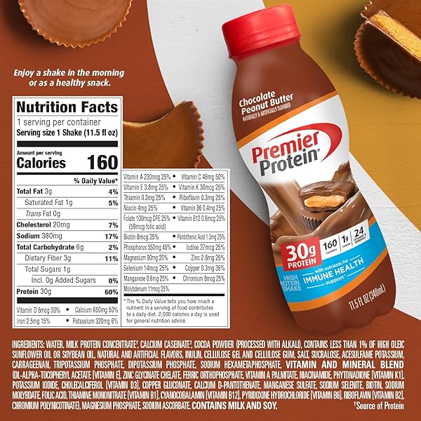 PREMIER PROTEIN SHAKE, CHOCOLATE PEANUT BUTTER, 30G PROTEIN, NO ADDED SUGAR, 24 VITAMINS & MINERALS TO SUPPORT IMMUNE HEALTH, 11.5 FL OZ, 12 PACK (PACKAGING MAY VARY)