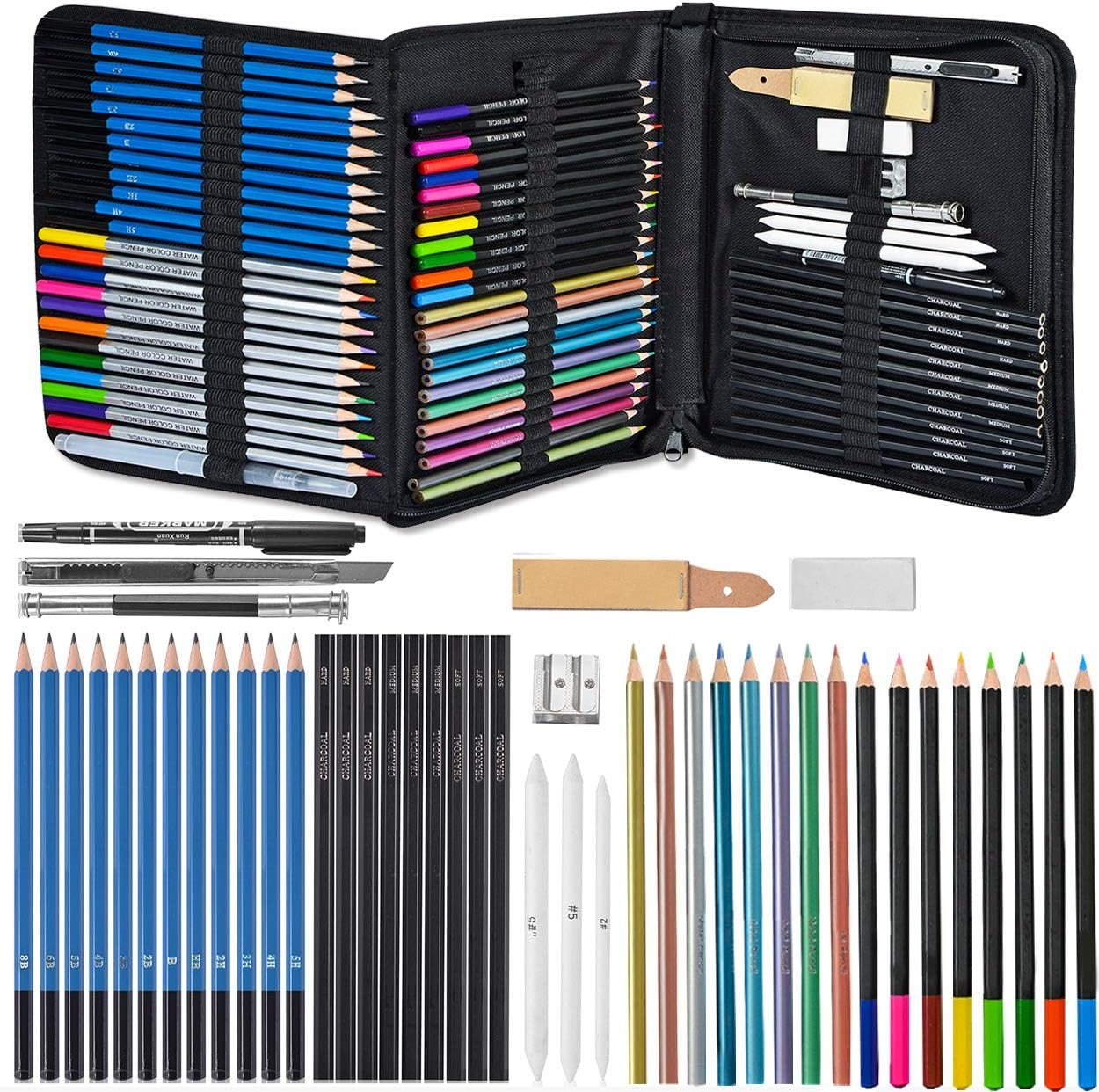Glokers 71-Piece Arts Supplies and Drawing Kit Set - Complete Set of Art Pencils: Graphite, Colored, Metallic, Charcoal, Watercolor - Also Includes Stumps, Sharpener, Eraser & Tons More
