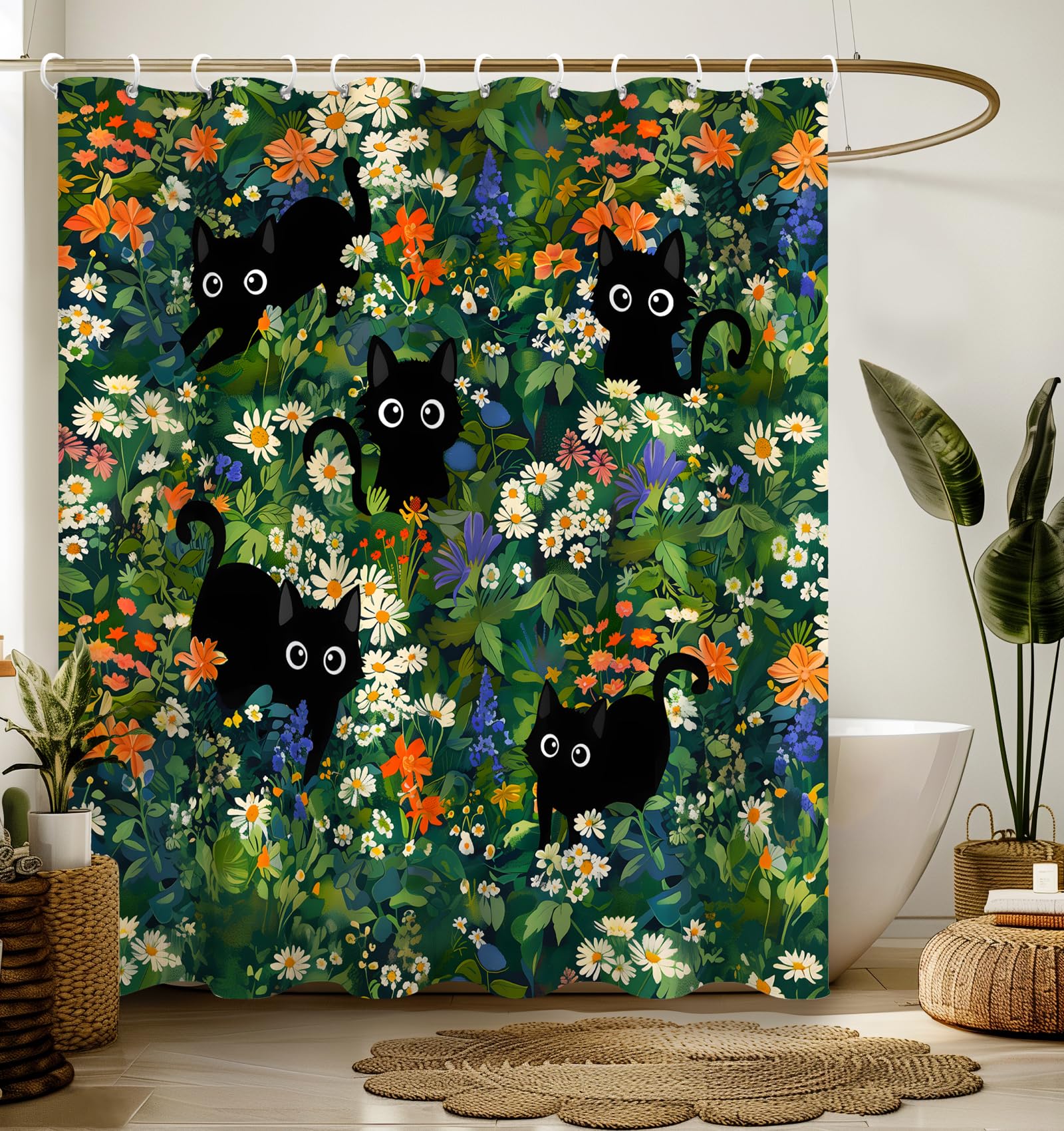 Stanoha Shower Curtain for Bathroom Stall Boho Modern Cute Aesthetic Decorative Girly Waterproof Unique Cats Flowers Girls Chic Print Design Teen Pretty Women Cortinas de Baño Bathtub 72 x72 Inch