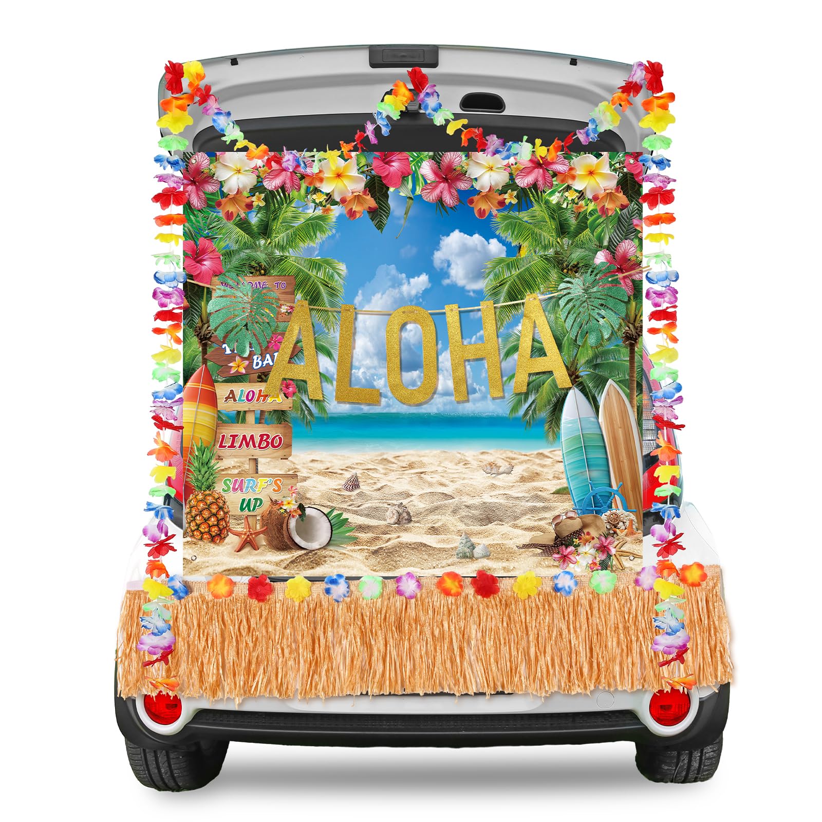 Photo 1 of Panelee 4 Pcs Hawiian Trunk or Treat Aloha Car Decorations Kit Halloween Themed Design Car Archway Garage Decoration with Hawaiian Backdrop Aloha Banner Table Skirt for Halloween Decoration Outdoor