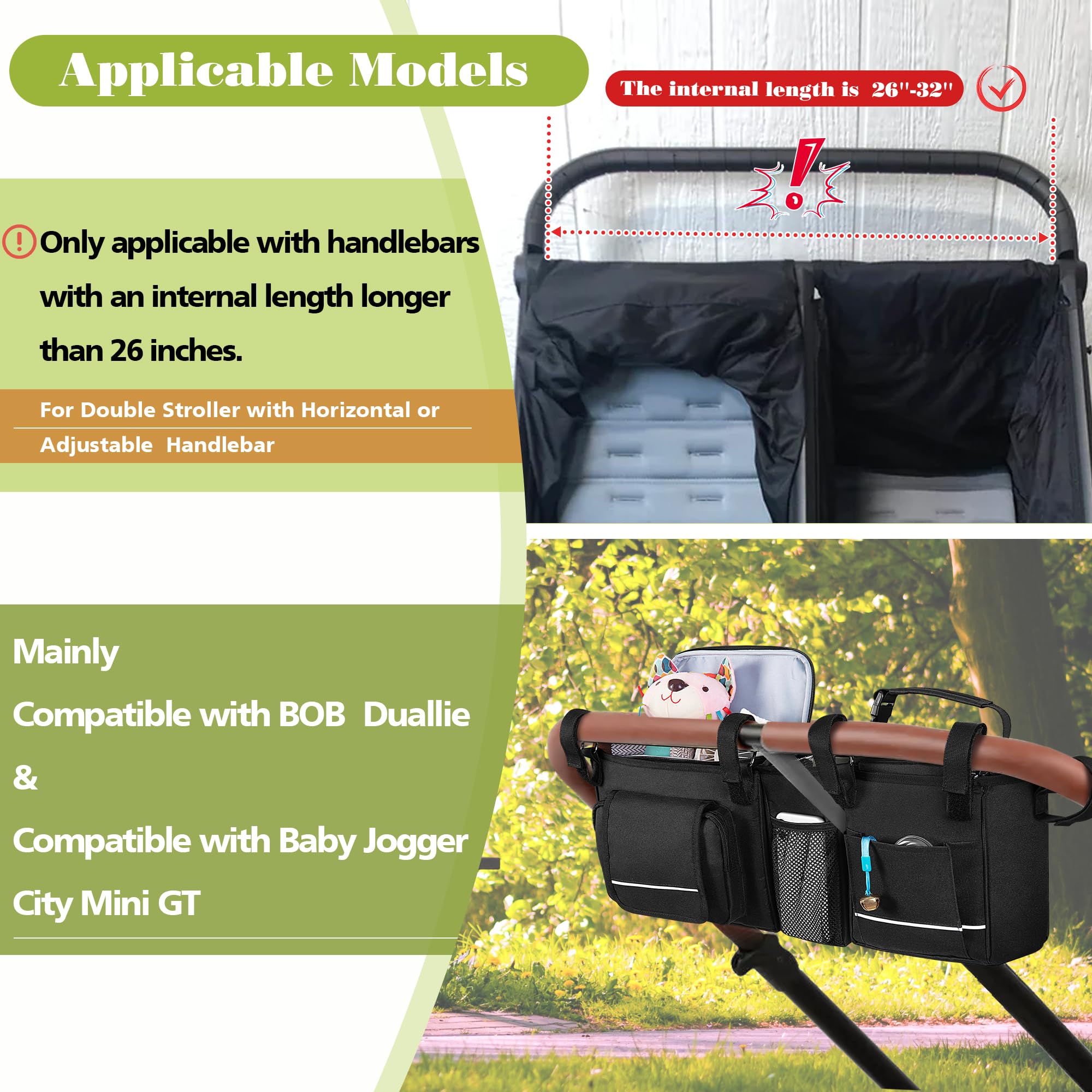 Double Stroller Organizer Compatible with BOB Duallie & Compatible with Baby Jogger City Mini GT2 Stroller, Double Stroller Parent Console with Detachable Cooler & Cup Holder, Patent Pending