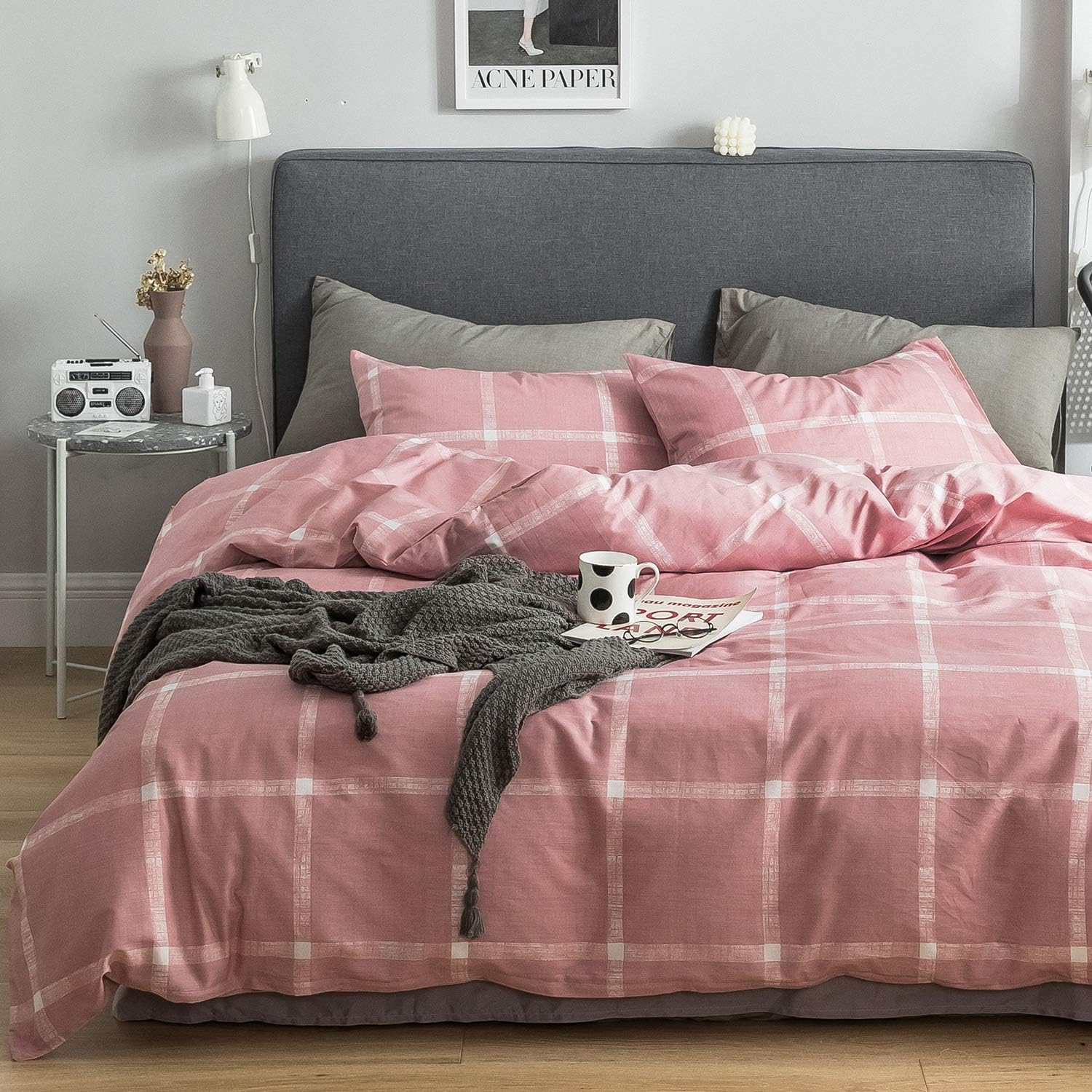 OREISE Duvet Cover Set Full/Queen Size Pink and White Printed Plaid Pattern Simple Style 100% Cotton Bedding Set (1 Duvet Cover + 2 Pillow Shams) with Zipper Closure Soft Breathable Durable