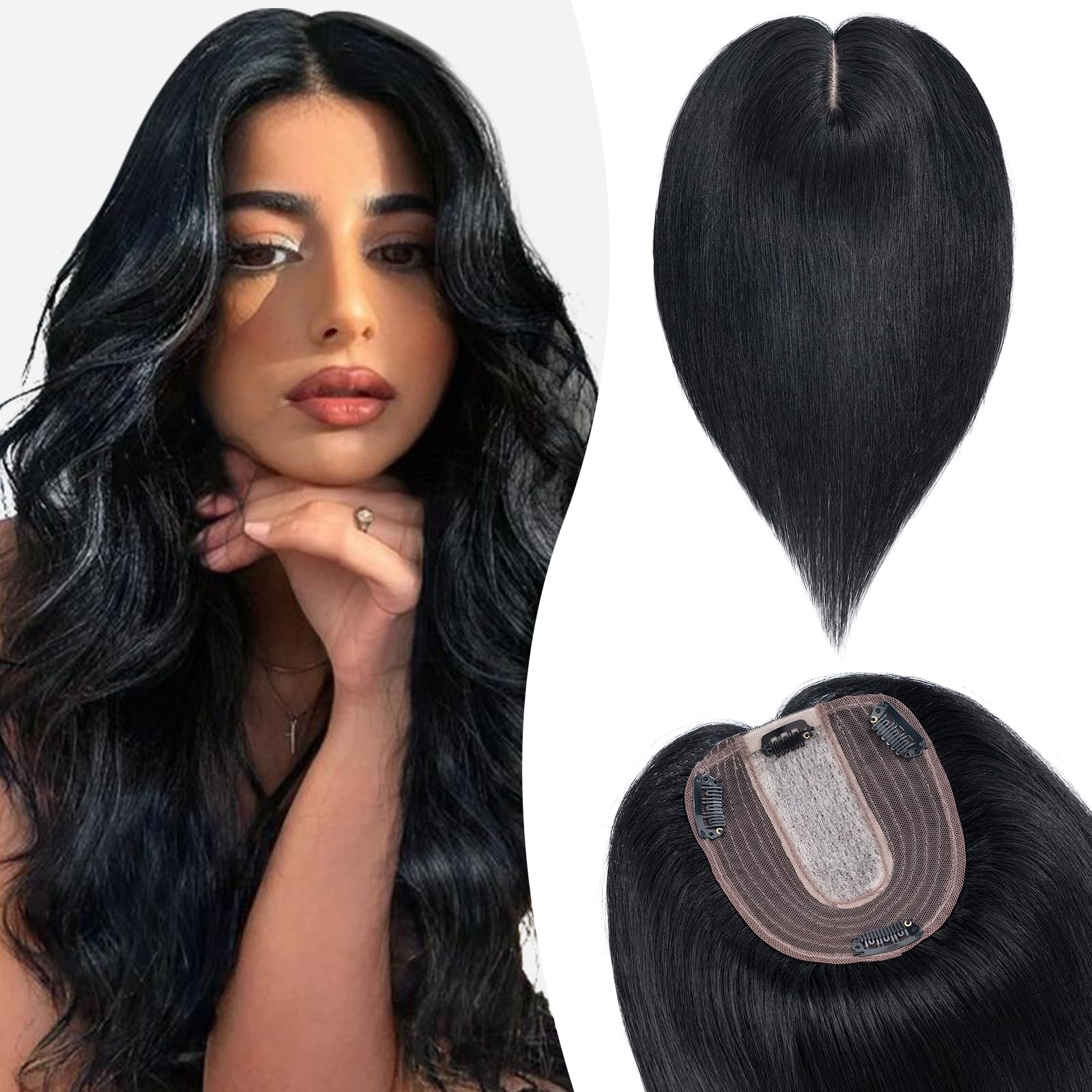 Silk-co 16inch Hair Topper for Thinning Hair Women Clip in Real Remy Human Hair Extensions Top Piece Base Size 10 * 12cm Silk+Lace Base (#01 Jet Black)