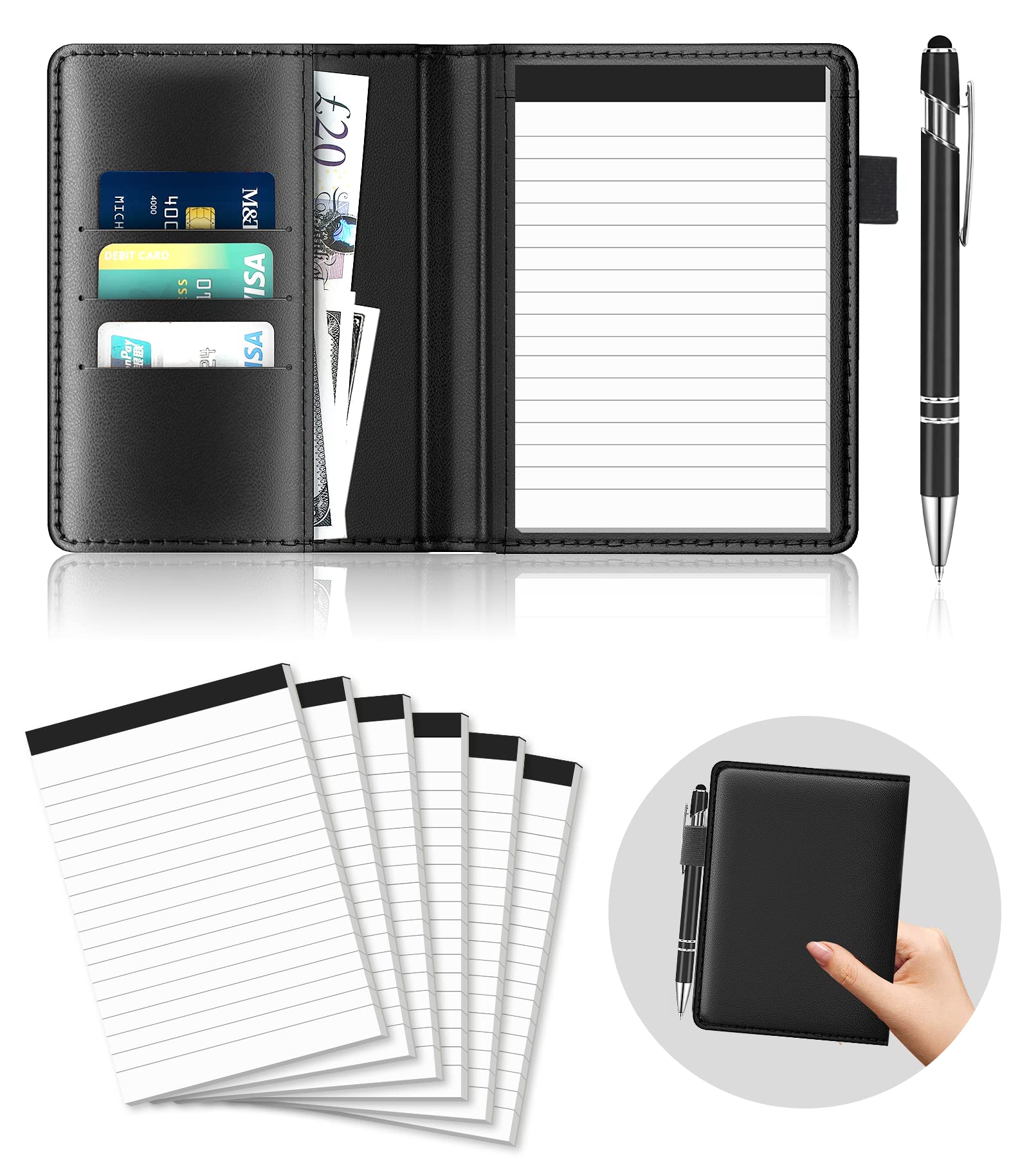Small Notepad A6 Holder Set 8 Pcs Notepads Pen Holder with 30 Lined Pages for Grocery List, PU Leather Pocket Notebook A6 Shopping List Pads with 6 Pcs Notepad Memo Book Refills and 1Pc Metal Pen