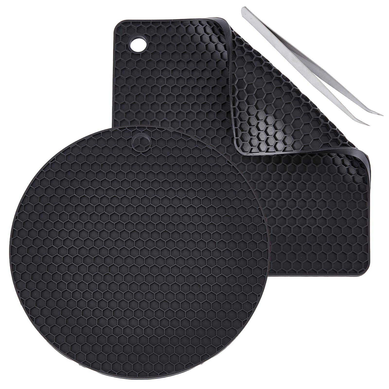 GORGECRAFT 2 Styles Silicone Doming Mats Square(17cm) Round(16cm) Resin Table Trivet Mats with Tweezer Heat Proof Black Honeycomb Rubber Pads Trays for Hot Pot Holder Coaster DIY Crafts Supplies — image 1
