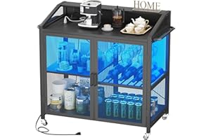 Cyclysio Bar Cabinet with Lights, Wine Cabinet with Power Outlet and Glass Holder, Liquor Cabinet with Storage, Coffee Bar Cabinet for Liquor, Black