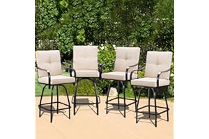 GOOGIC Patio Swivel Bar Stools， Outdoor High Back Swivel Bar Stool Chair Set of 4 with Cushion & All Weather Steel Frame, Beige