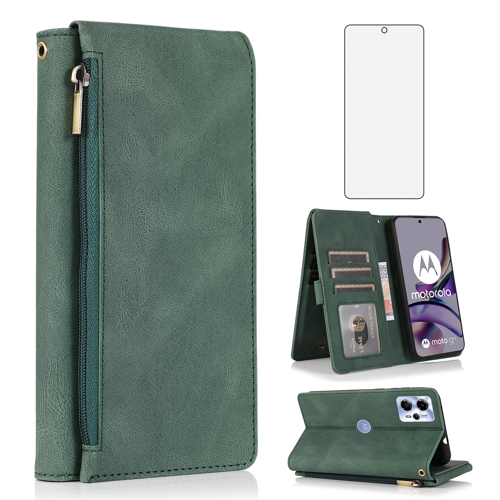 Compatible with Motorola Moto G13 4G / G23 4G Wallet Case Tempered Glass Screen Protector Zipper Retro Leather Flip Cover Card Holder Stand Cell Accessories for G 13 23 XT2331 XT2333 Women Men Green