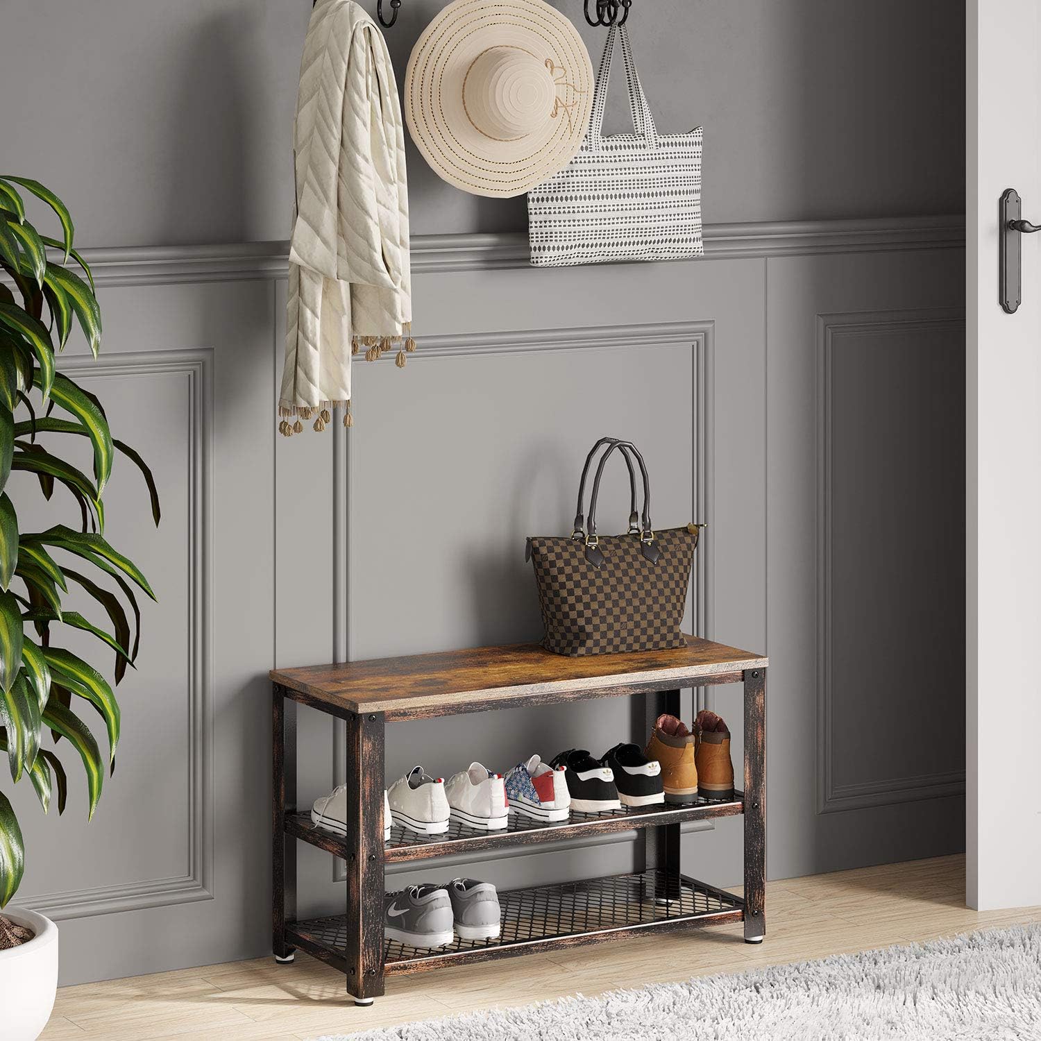 Rolanstar Shoe Bench, Rustic Shoe Rack Bench with Mesh Shelves, Industrial Storage Bench with Stable Metal Frame for Entryway, Mudroom SH001-B: Kitchen & Dining