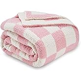 CozeCube Super Soft Fullfy Microfiber Reversible Knitted Blankets, Warm Cozy Fuzzy Plush Throw, Pink and White Checkered Throw Blanket for Couch Bed Sofa, 50" x 60"