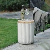LuxenHome 18" Cement Outdoor Side Table with Storage and Wood-Look Lid | For Indoor Outdoor Use; Ideal as a Patio Side Table, Garden Stool, Plant Stand, Drum Table, or Outdoor Accent Table