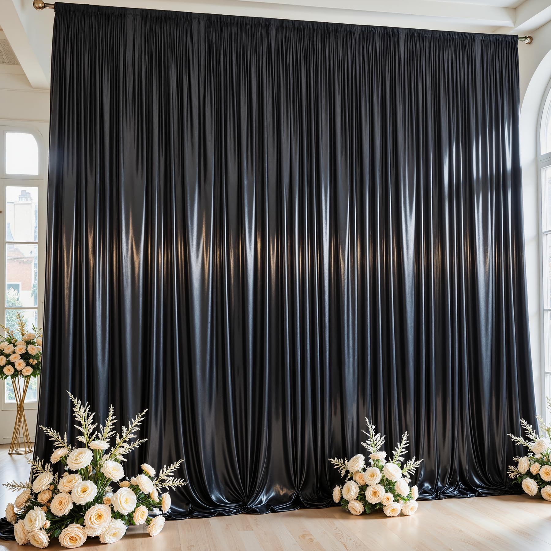 Photo 1 of 10x10ft Black Glitter Backdrop Curtain for Parties, Wrinkle Free Satin Photo Backdrop Drapes 2 Panels 5x10FT Shimmer Back Drop Cloth for Christmas Wedding Photography Twilight Birthday Decorations
