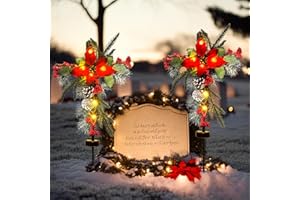 TISEJOY Solar Christmas Decorations Outdoor Lights, Set of 2 Xmas Waterproof Cross Stake, Cemetery Grave Decorations, Faux Pine Cones and Flowers Ornament Memorial Stakes for Grave Garden Yard Lawn