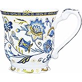 LanHong Bone China Coffee Mug with Floral Pattern - 11.8oz Elegant Flower Design Tea Coffee Cup - Perfect for Tea, Cocoa, Hot Beverages -Birthday Christmas Gift for Women Men (Blue)