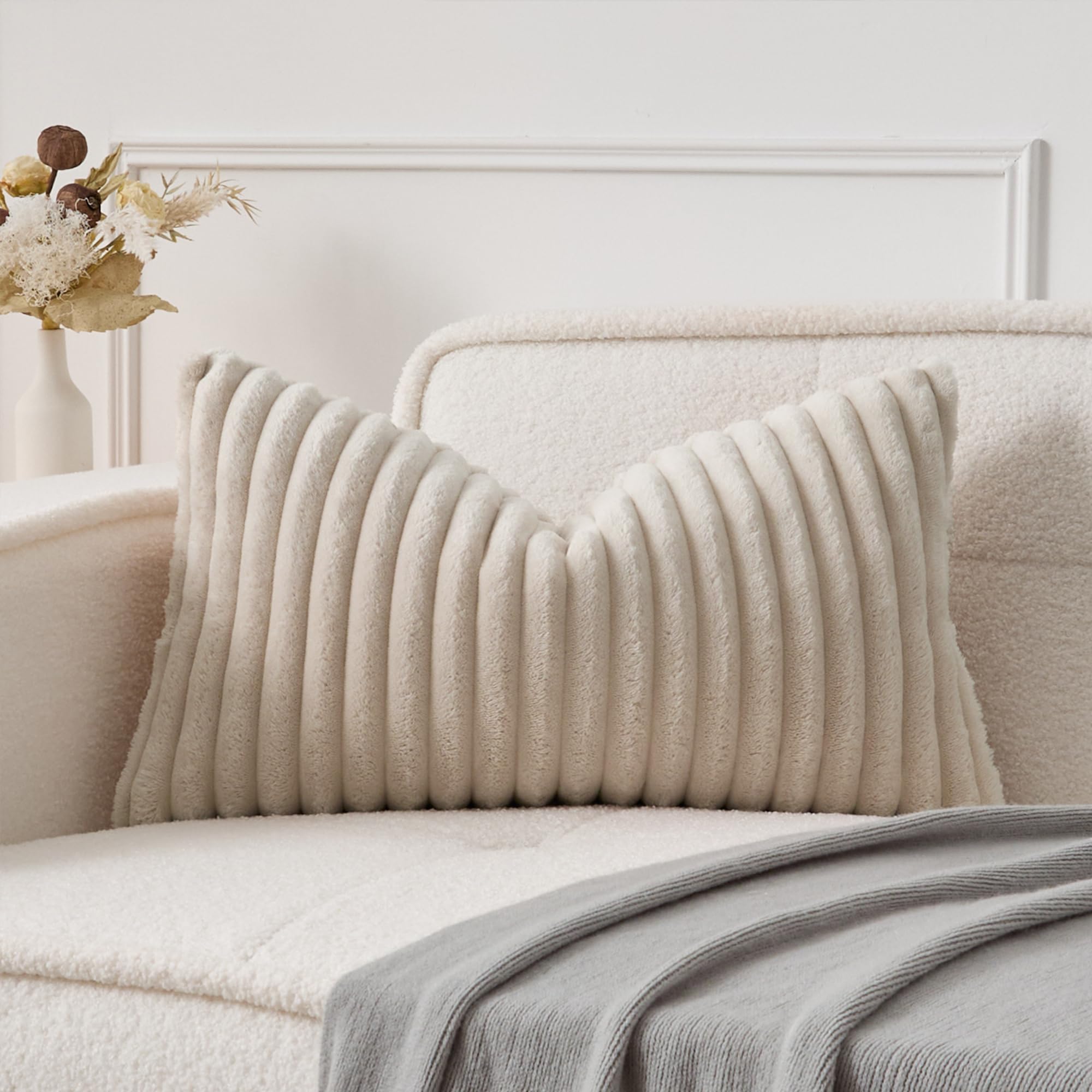 Photo 1 of UGASA Lumbar Throw Pillow Cover 12x20 Inch Set of 1 Super Soft Faux Fur Decorative Pillow Case Plush Flannel Texture Accent Rectangle Pillowcase for Sofa Couch Living Room Chair, Beige
