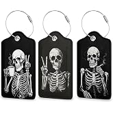 Skull Luggage Tags for Suitcase 3 Pack, Privacy Cover ID Label with Stainless Steel Loop and Address Card for Travel Bag Suitcase