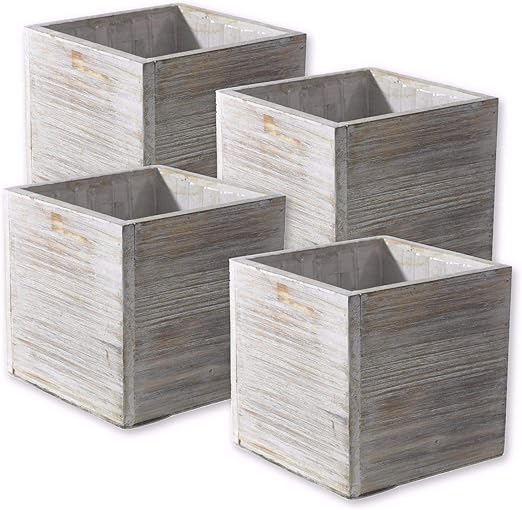 Amazon Com Wood Planter Box Set Rustic Whitewash Plastic Liners