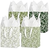 wjrsxilt Sage Green Floral Gift Bags with Handles - Set of 8 Medium Sized 9" Gift Bag Matching Tissue Paper - Wildflower Gifts Bags for Birthday Bridal Baby Shower Weddings Party Supplies