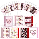 Motipuns 30 Pcs Valentines Day Heart Gift Bag with Handles Valentines Goodie Bags Bulk Valentine's Day Paper Party Treat Bags for Wedding Holiday Party Gift Giving Classroom Exchange Prizes