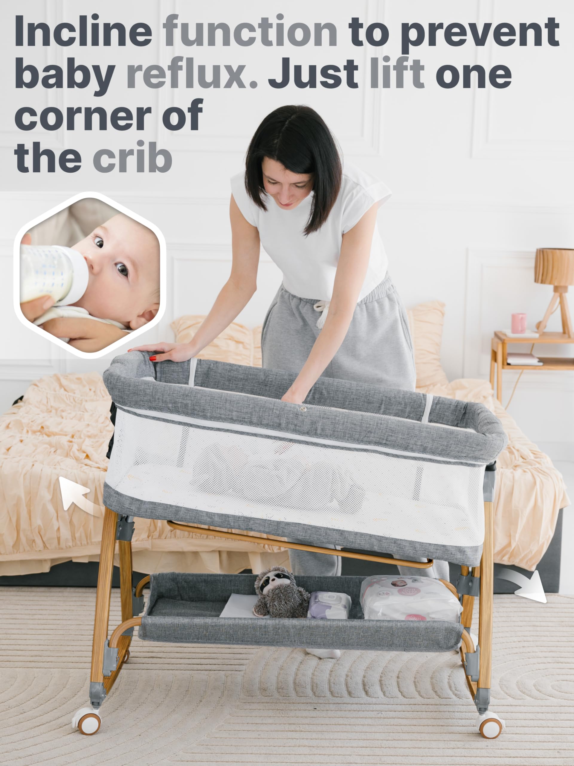 Earth&ME Bedside Bassinet for Baby – Portable Co-Sleeper Crib with Adjustable Height, Breathable Mesh Sides, Storage Basket, Mosquito Net (Wood Grain, Grey)