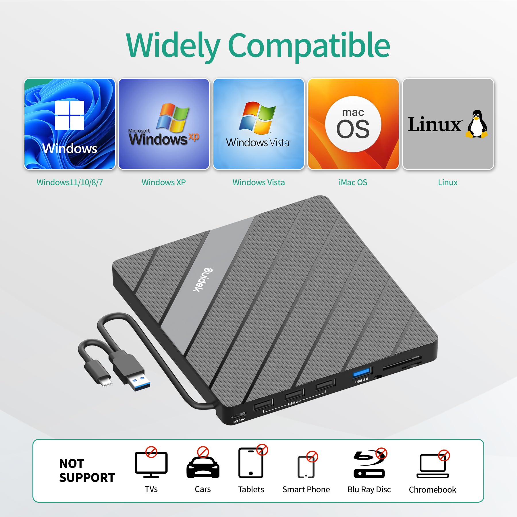 External CD DVD Drive USB C USB 3.0, Portable CD DVD +/-RW Burner DVD Player for Laptop 8 in 1 Hub with SD/Micro SD Card Reader Compatible with Laptop Mac PC Windows Linux