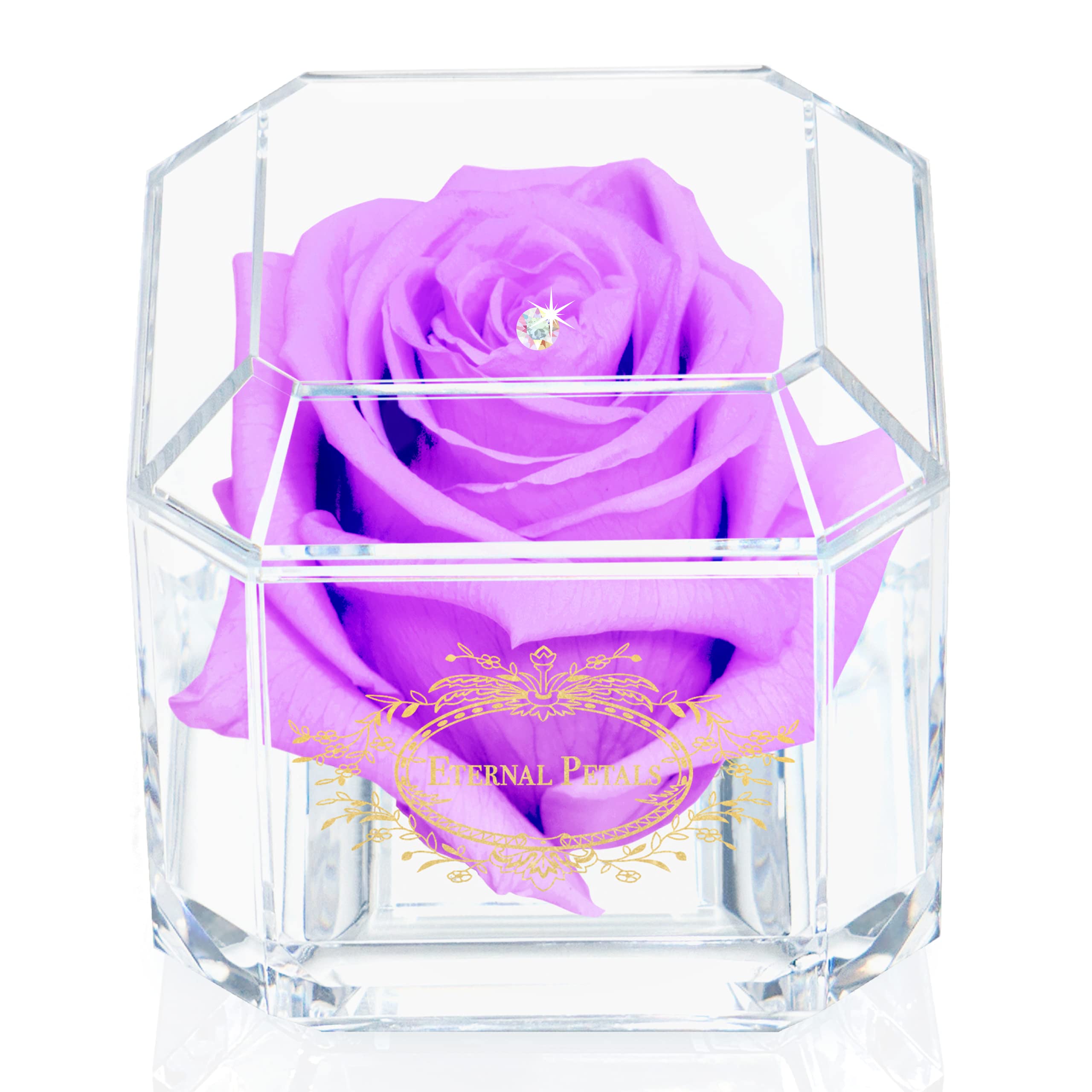 Eternal Petals A 100% Real Rose That Lasts Years, Handmade in UK – Gold Solo with A Multicolour Crystal (Lilac)