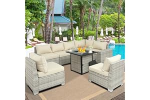 Furnimy Outdoor Furniture Patio Furniture Sets Conversation Sets Sectional Sofa Couch Wicker Rattan Balcony Furniture for Lawn,Garden,Porch and Poolside (Gray-Beige, w/Fire Pit Table Plus)