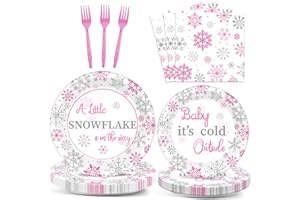 WIOOFFEN 96 Pcs A Little Snowflake is on The Way Party Plates Napkins Tableware Set Winter It’s Cold Outside Supplies Disposable Dinnerware Girl Birthday Party Decoration Favors for Gender Reveal, 24 Guests