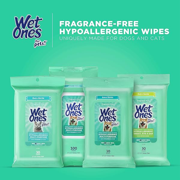 WET ONES FOR PETS EXTRA GENTLE HYPOALLERGENIC DOG WIPES WITH WITCH HAZEL FOR SNOUT, EYE, EAR | FRAGRANCE-FREE FOR ALL DOGS WITH WET LOCK SEAL | 30 CT POUCH