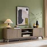 OKD 70" Mid Century Modern Fluted TV Stand w/ 2 Soft Close Door, Alder Grey | Entertainment Center, Sideboard, Media console for Living Room with Adjustable Shelves