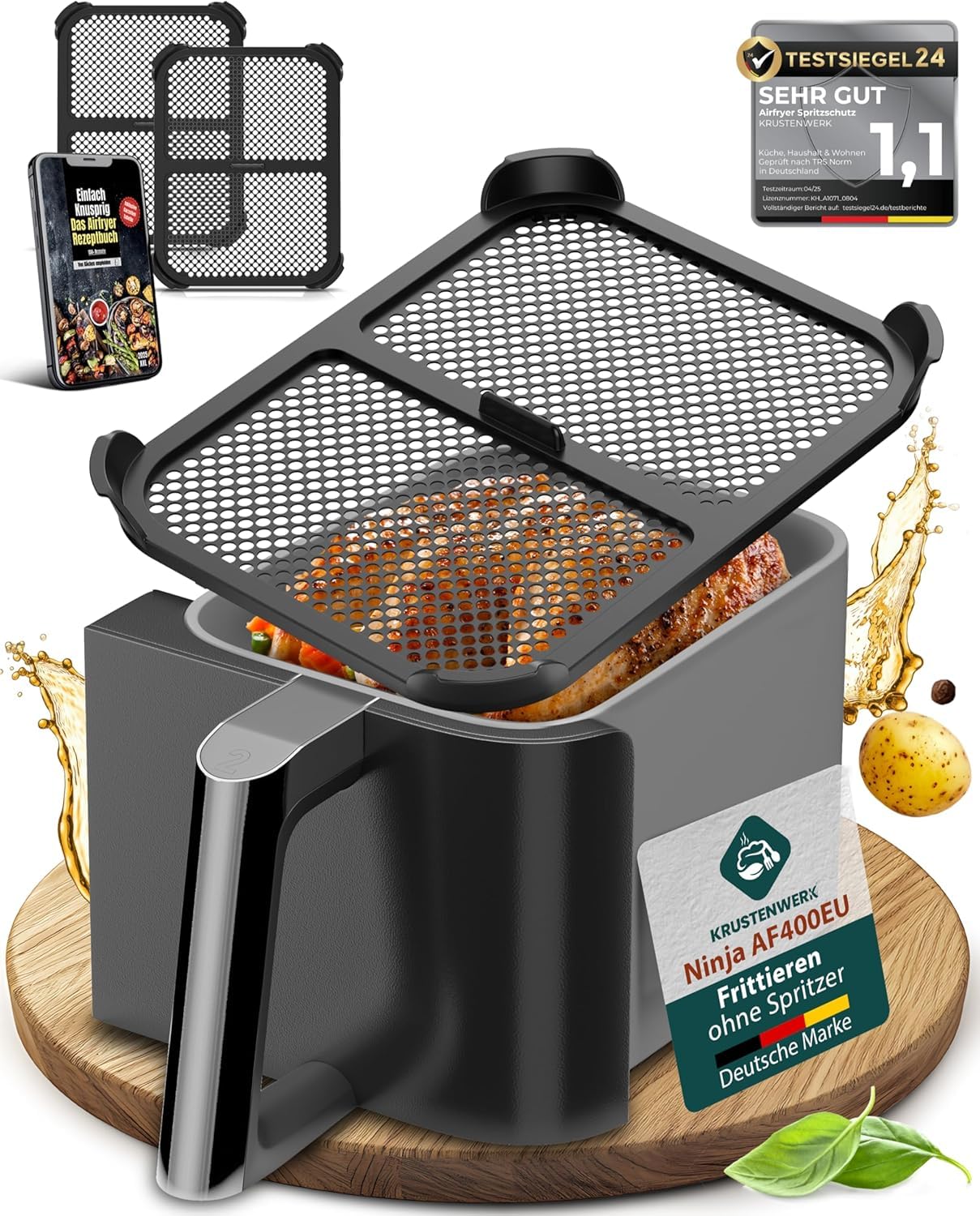 KRUSTENWERK® 2x Premium Spritzschutz Ninja AF400EU | Spritzschutz Airfryer Ninja [TESTSIEGER] Ninja Heißluftfritteuse Zubehör für Ninja Foodi Max Dual Zone | Airfryer Zubehör E-Book 150 Rezepte
