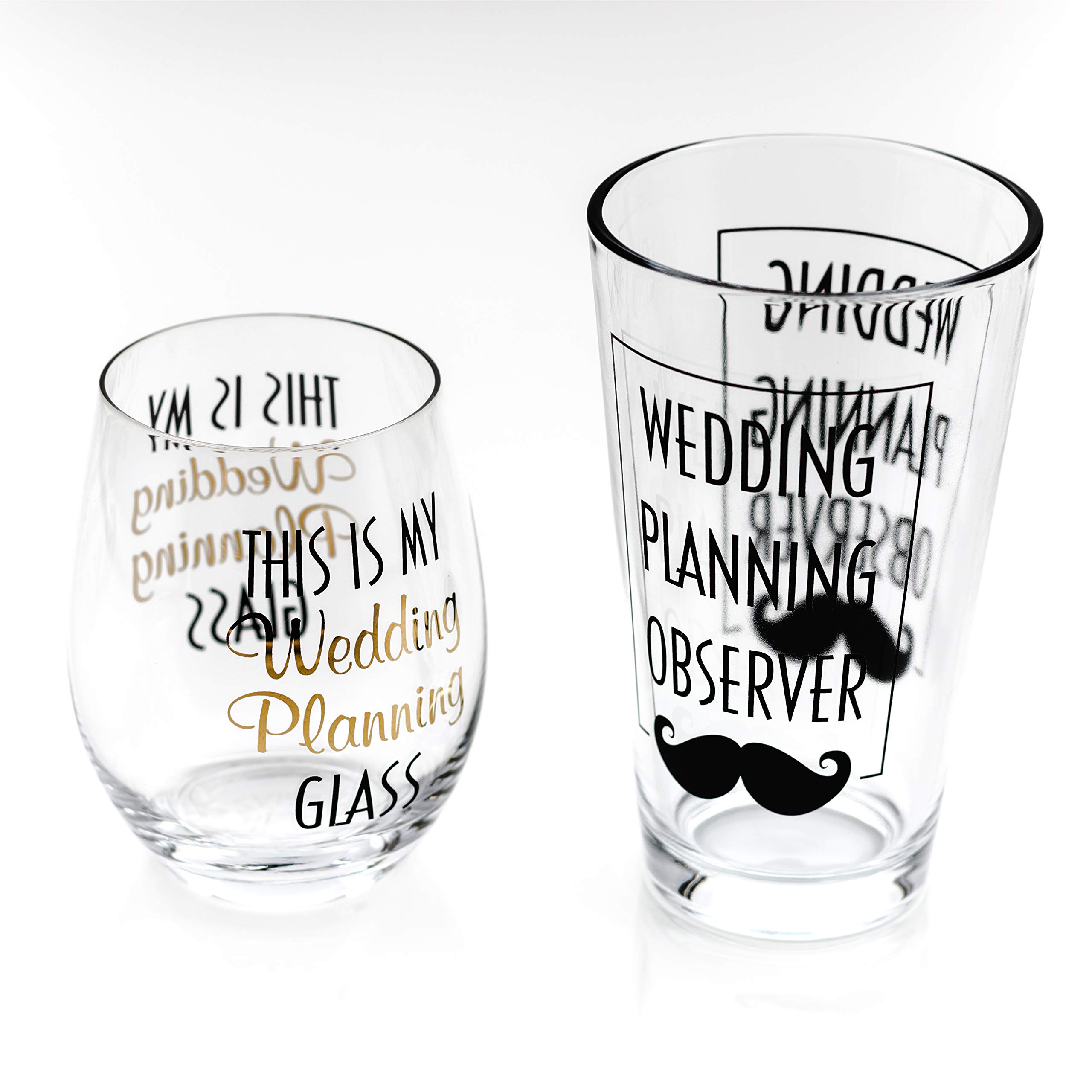 Greenline Goods Toasting Glasses for Bride and Groom | Set of Two (1 Beer & 1 Stemless Wine Glass) - Engagement Bachelorette Gifts for Bride