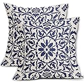 Navy Blue Ethnic Boho Pillow Covers 18 X 18 Inch Bohemian Carpet Style Vintage Navy Flower Print Decorative Throw Pillows Outdoor Linen Square Cushion Case Farmhouse Decor for Home Sofa Bed Set of 2