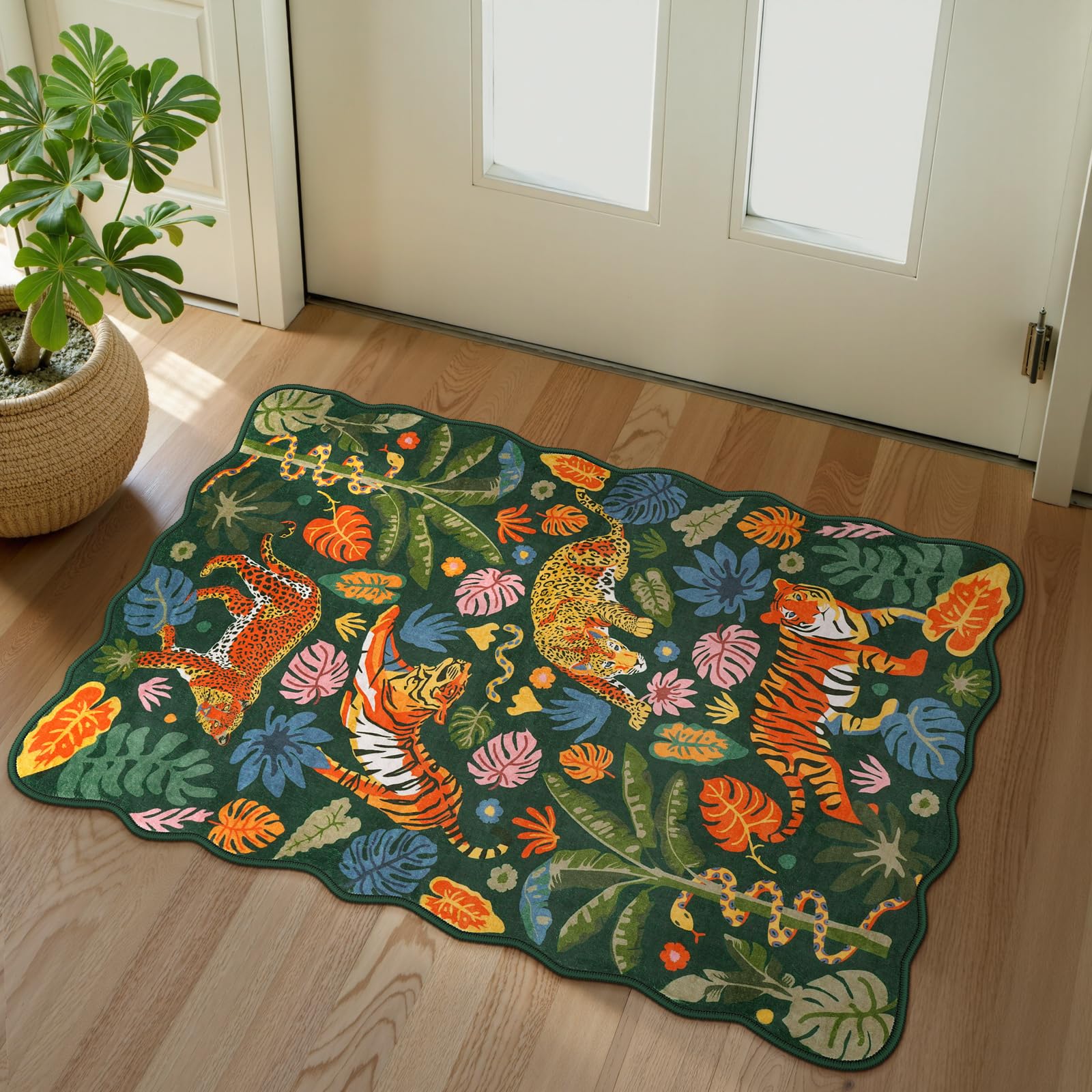 Photo 1 of LEEVAN Washable Tiger Rug 2x3 Bathroom Rugs Non Slip Scalloped Green Entryway Mat Leopard Front Door Mat Low Pile Rug Pad for Porch Soft Jungle Laundry Mat