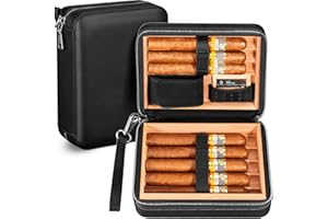 Flauno Travel Cigar Humidor, Leather Cigar Case for 8 Cigars, Cedar Wood Tray with Straps, 2-Ways Humidity Control Pack, Detachable Wrist Strap
