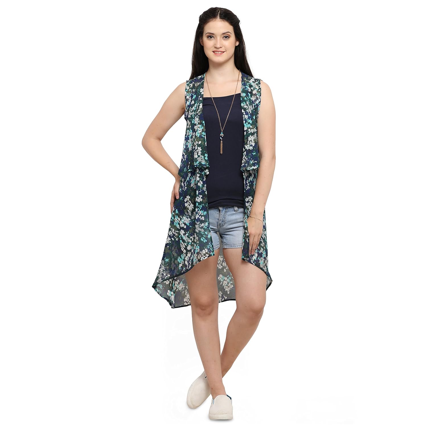 serein women's sky blue floral chiffon long shrug/jacket