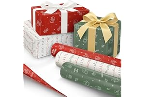 BrightenKidz Set of 3 Christmas Wrapping Paper Rolls, Gift Wrapping Paper for Small & Medium Gifts, Aesthetic Elegant Cute Classic Designs, Holiday Gift Wrap, 17 x 120 inches Per Roll (3 Rolls)