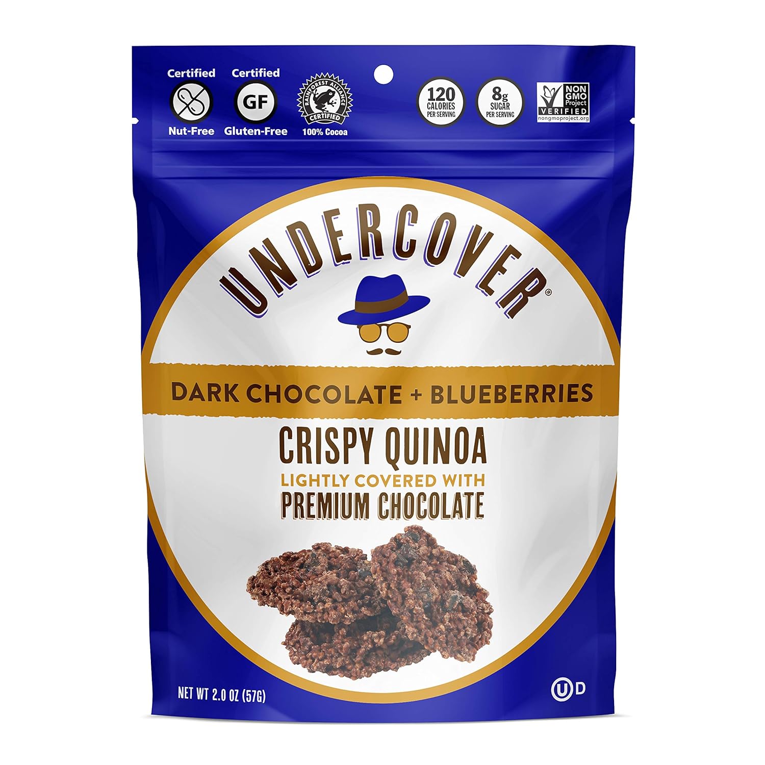 UNDERCOVER Chocolate Crispy Quinoa Snack - DARK CHOCOLATE + BLUEBERRIES - Gluten-Free, Nut-Free