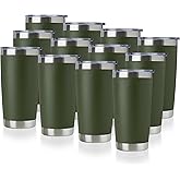 DOMICARE 20oz Stainless Steel Tumbler Bulk with Lid, Double Wall Vacuum Insulated Travel Mug, Powder Coated Coffee Cup (Army Green, 12)
