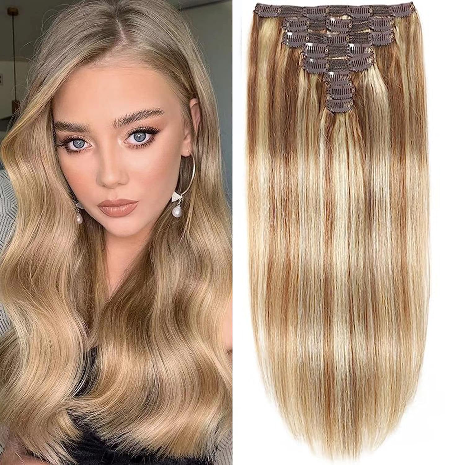 15inch Clip in Human Hair Extensions 8pcs 100g Silky Straight-100% Remy Human Hair Double Lace Weft Highlighted Color Seamless Clip in Hair Extensions for Women (15 Inch-100g, #P12/613)