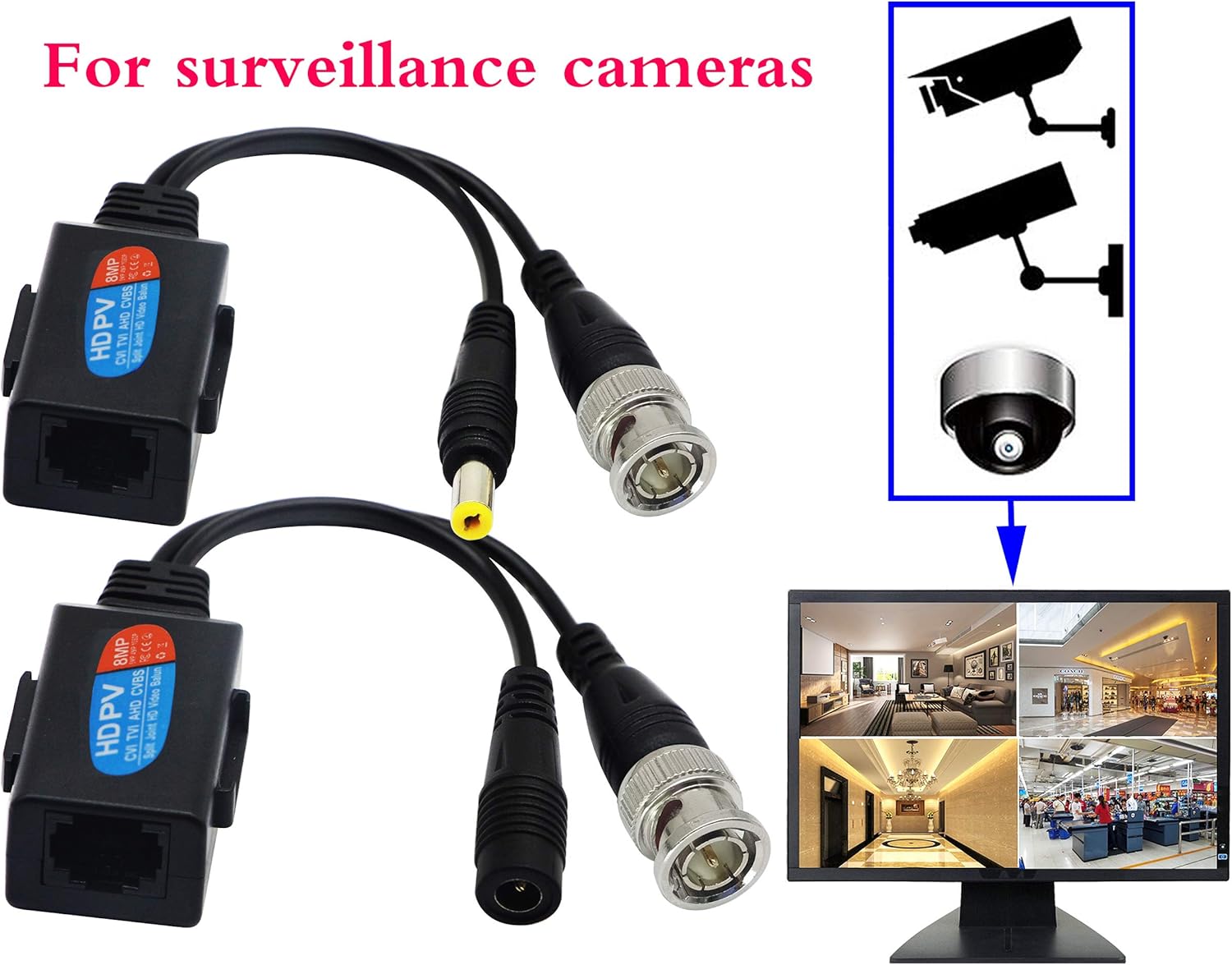 zdyCGTime Balun HD Cat5 RJ45 to BNC Video Baluns transceiver Passive with Power Connector for 720P 1080P 3MP 4MP 5MP 8MP HD-CVI/TVI/AHD/CVBS/960H Camera(2 Pairs) : Camera & Photo