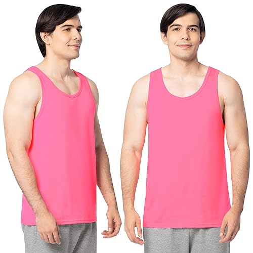 Fruit of the Loom Men's Eversoft Cotton Sleeveless T Shirts, Breathable & Moisture Wicking with Odor Control, Sizes S-4X, Tank-2 Pack-Neon Pink, Medium